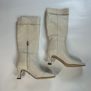 Sam Edelman Lyla Ivory Leather Boots 8.5 Kitten Heels Knee High Zip